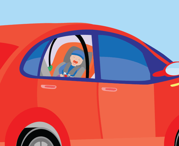 Tekening baby in kinderzitje op achterbank auto