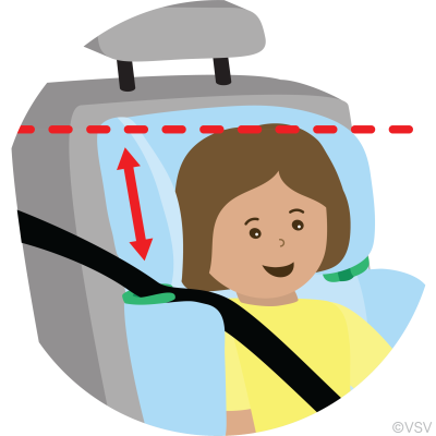 tekening hoofdsteun kinderstoel auto op juiste hoogte instellen